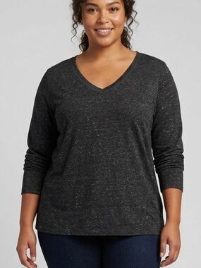 ADDITION ELLE Dark Grey White Linen Blend Long Sleeve Tee 1X